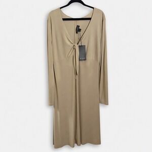 St. John Anise Beige Front Tie V-Neck Long Sleeve Midi Dress K118W21 Size 14 NWT